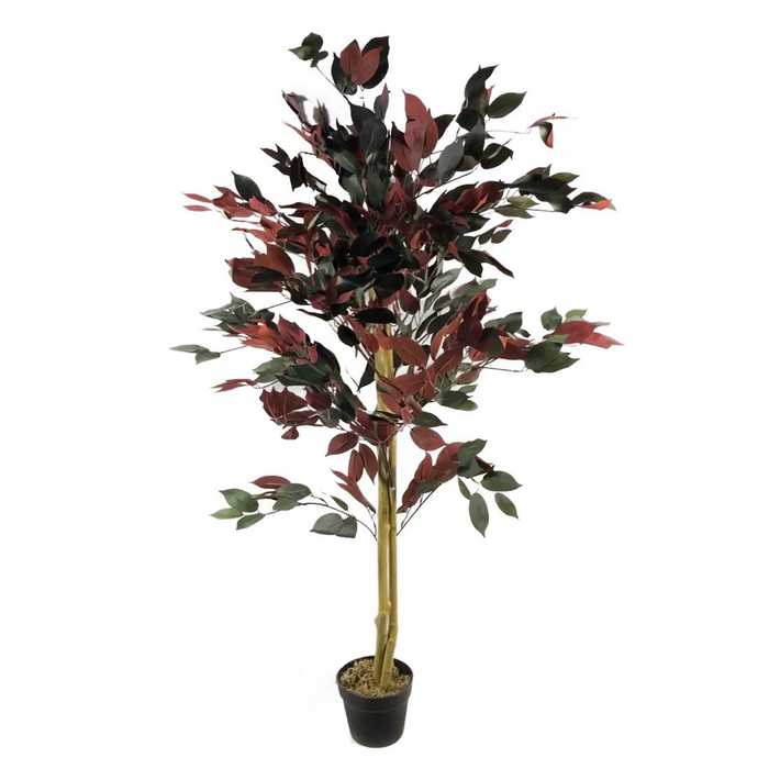 Premium Red Ficus Tree - 120cm (4ft) - Realistic & Durable - Gold Metal Planter