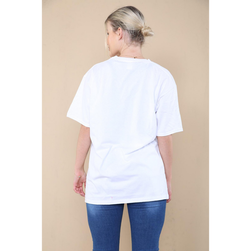 LADIES SEQUIN EYE PRINTED OVERSIZED SHORT SLEEVE T SHIRT TOP