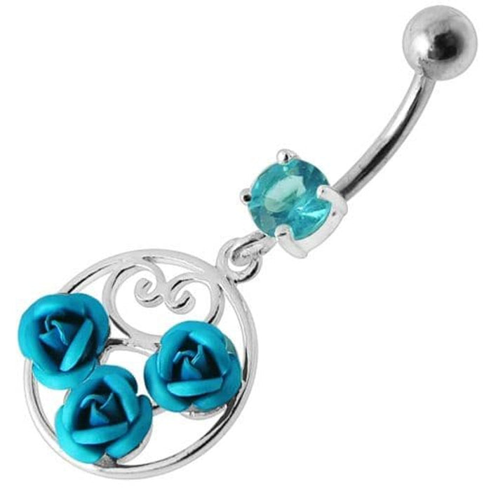 Fancy Multi Jeweled  ROSES Dangling Banana Bar Belly Ring