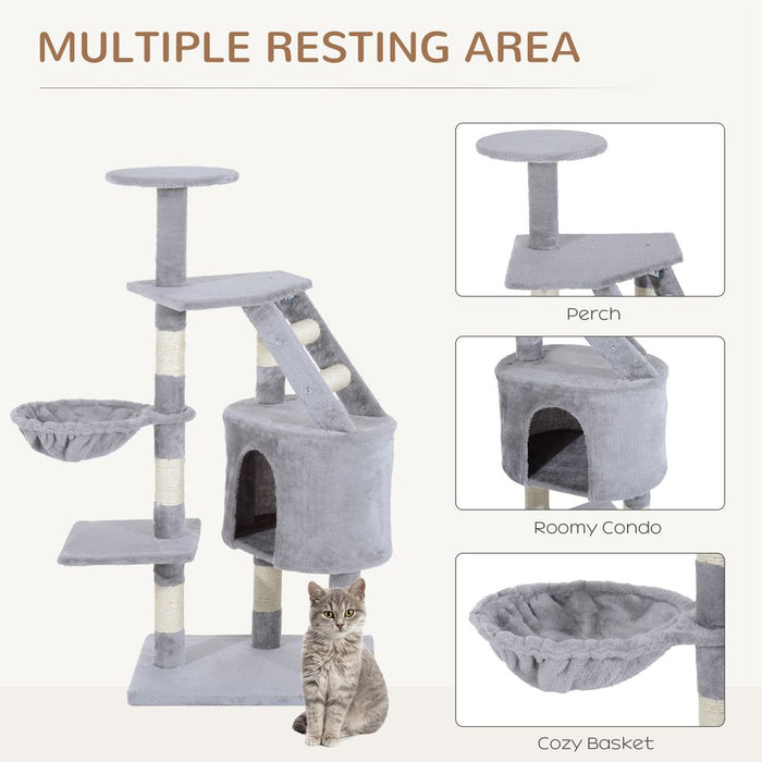 PawHut Cat Tree Kitten Scratching Post Scratch Scratcher Climb Activity Center Play House Pet Furniture 125cm (Grey)