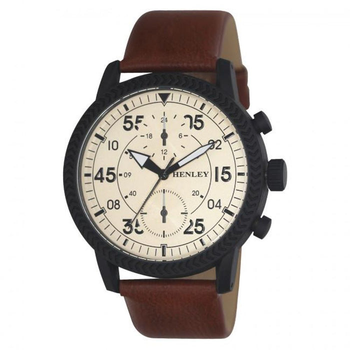 Henley Men's Bold Textured Cream Dial Brown Leather Strap Watch