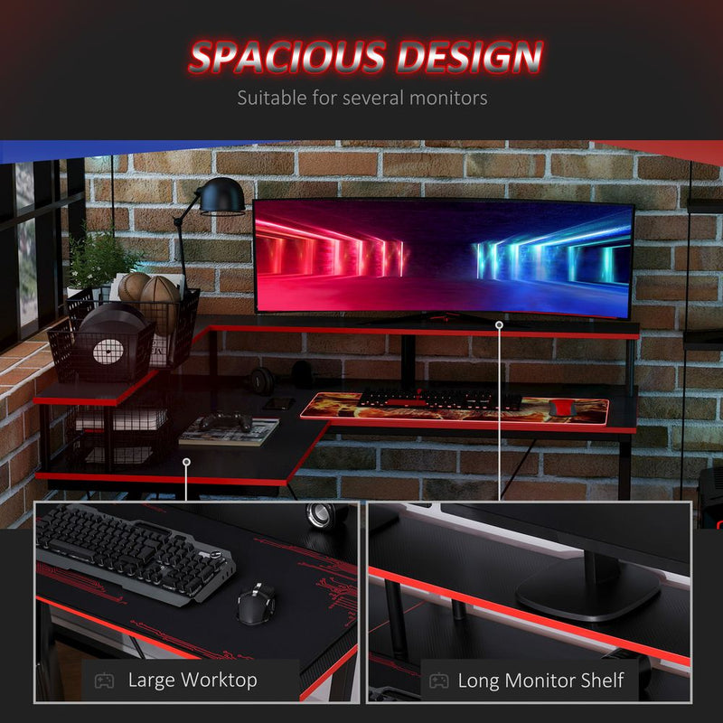L-Shape Corner Gaming Desk Shelf Workstation, Black Red