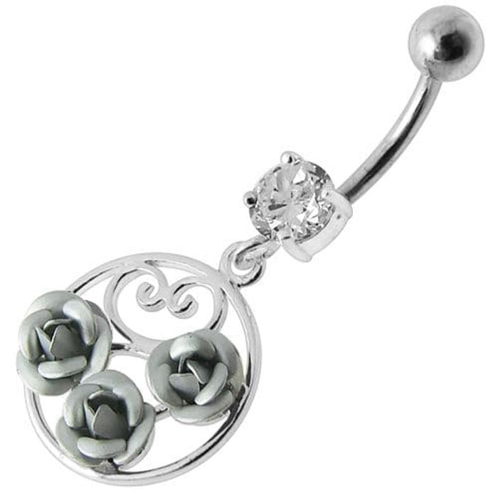 Fancy Multi Jeweled  ROSES Dangling Banana Bar Belly Ring