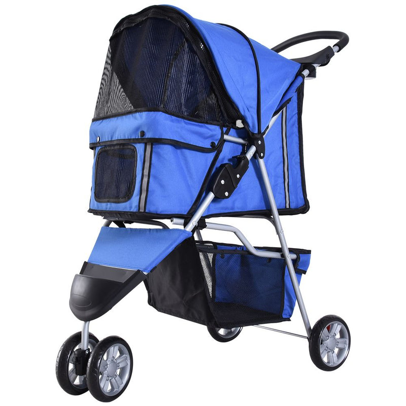 PawHut Pet Travel Stroller Cat Dog Pushchair Trolley Puppy Jogger Carrier Three Wheels for Small Miniature Dogs (Blue)