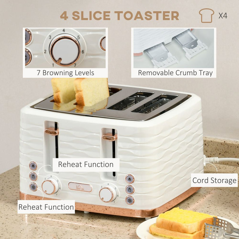 HOMCOM Kettle & Toaster Set - Rapid Boil, 4 Slice, White