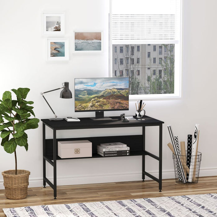 2-Tier Writing Desk, Metal Frame, Smooth Shelves, Storage Shelf, Black