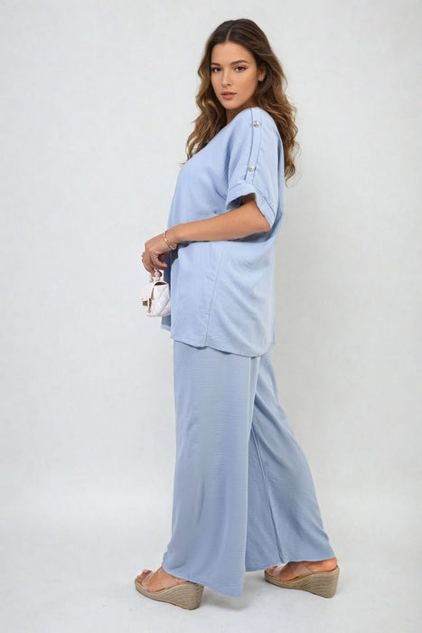 Button Detail V Neck Loose Top and Wide Leg Trouser Co-ord Set