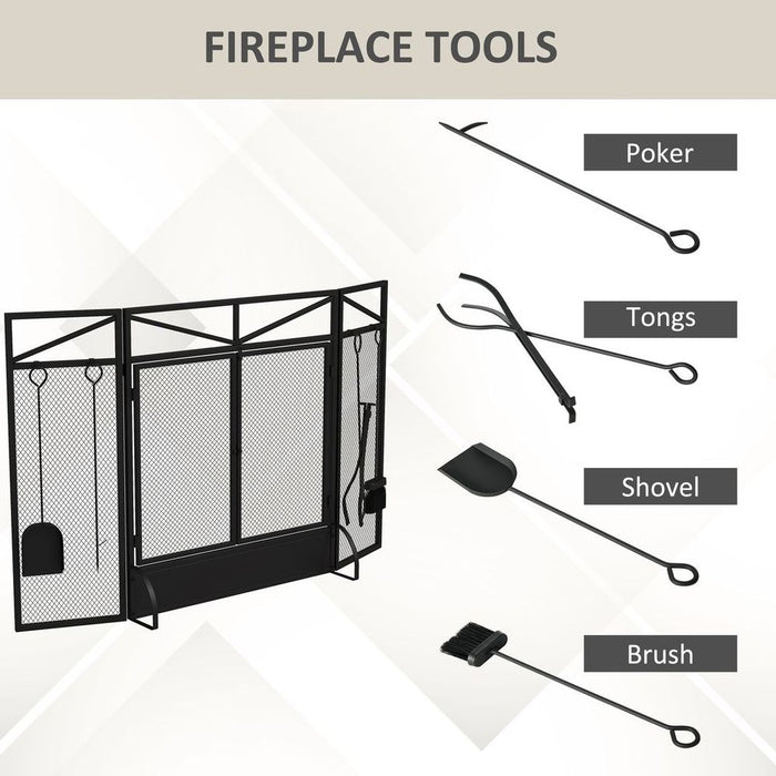 HOMCOM 3 Panel Folding Fire Guard with Tool Doors Fire Screen Spark Guard