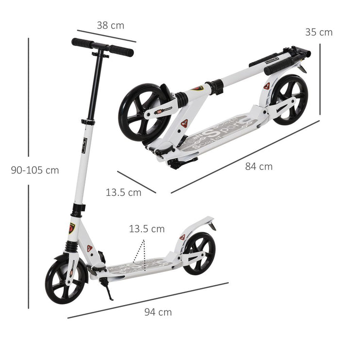 HOMCOM Folding Kick Scooter 2 Big Wheels Teens Adult 14+ Adjustable Ride On White