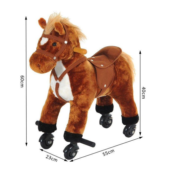 HOMCOM Rocking Horse Kids Ride on Walking Horse Animal Pony Wheeled Riding Plush Toy w/Sound for 3 Years and Up (Brown)