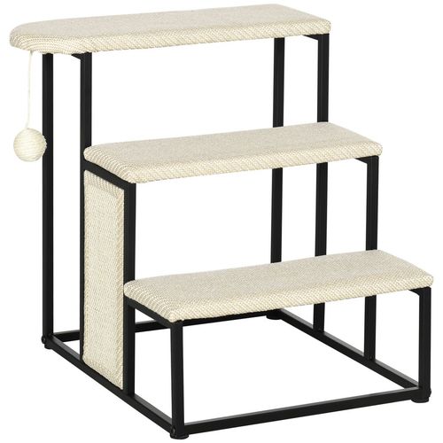 PawHut 3 Steps Dog Stairs, Pet Steps for Cat for Sofa and Bed with Sisal Scratching Board, Hanging Toy Ball, 47 x 45 x 47cm - Cream White