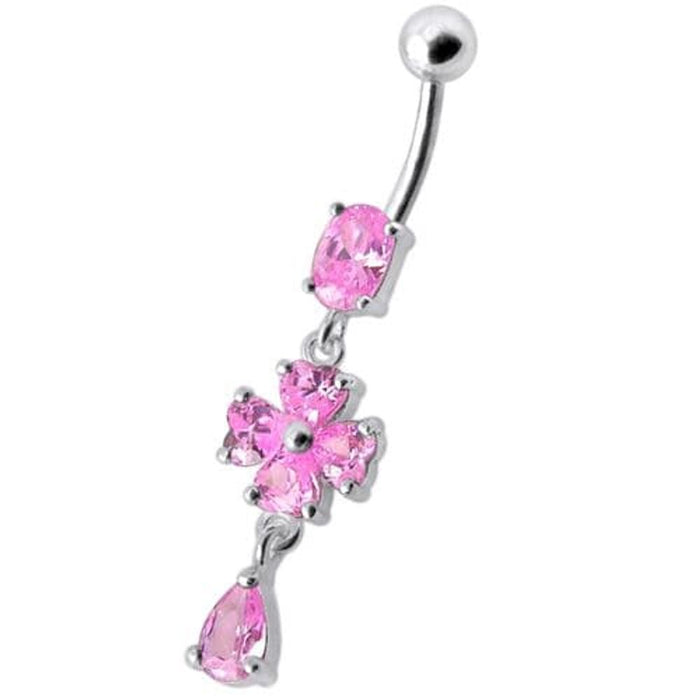 Silver Fancy  Flower Dangling Bdy Jewelry SS Bar Belly Ring