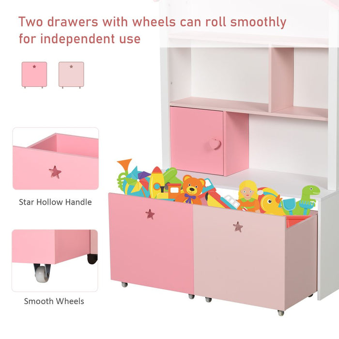 HOMCOM Kids Bookshelf Chest w/Drawer with Wheels Baby Toy Wood Organizer Display Stand Storage Cabinet 80x34x130cm Pink