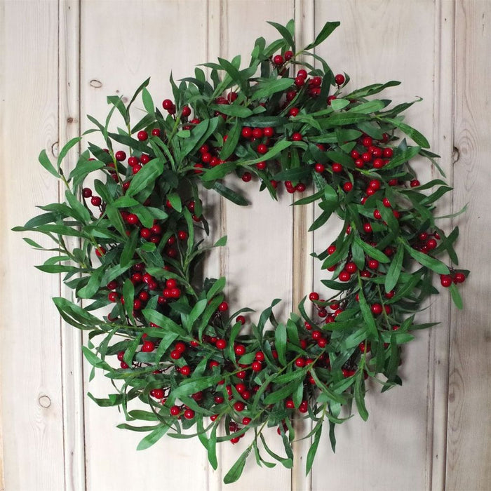 Large 60cm Luxury Christmas Mistletoe Leaf & Red Berry Wreath