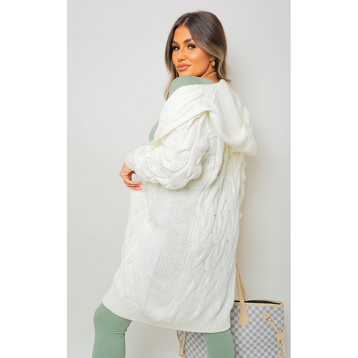 Chunky Cable Knitted Oversized Longline Hooded Cardigan