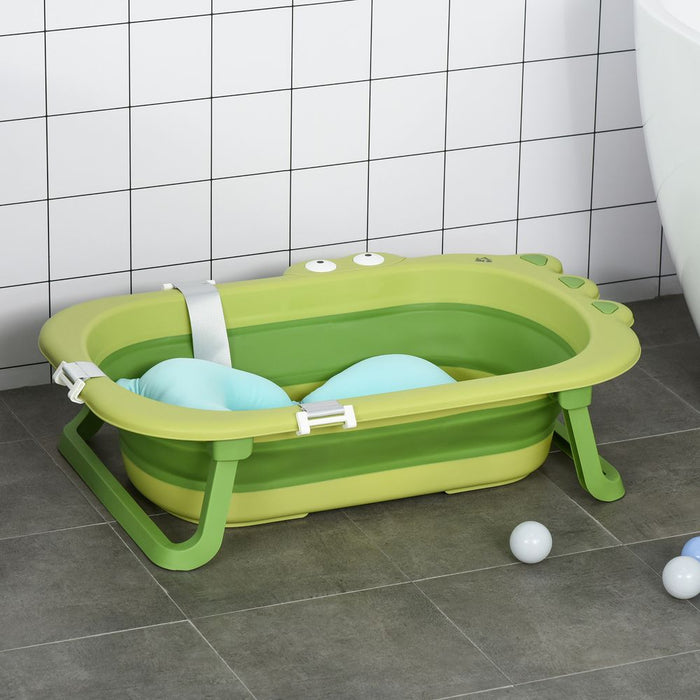 Baby Bath Tub for Toddler Foldable w/ Baby Cushion for 0-3 Years Green HOMCOM