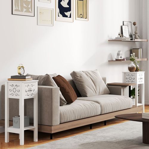 HOMCOM Bedside Table Set, End Table Set with Drawer and Storage Shelf, White