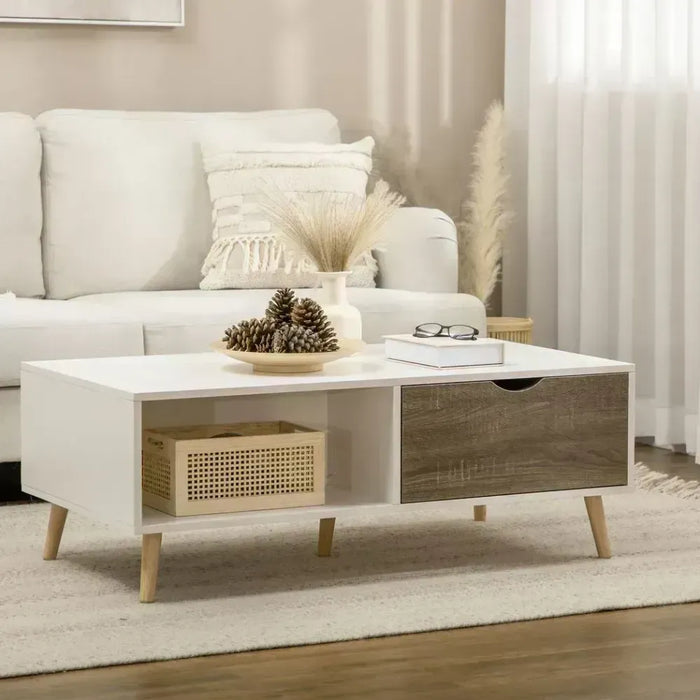 Modern Coffee Tables for Living Room w/ Storage Shelves, 2 Drawers, White