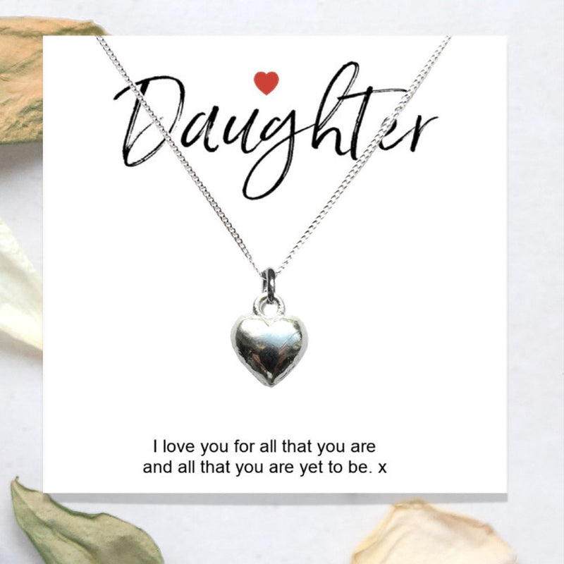 Daughter Message Card + Heart Necklace - Best Quality Gift for Special Occasions - 16" or 18" Chain - Sterling Silver