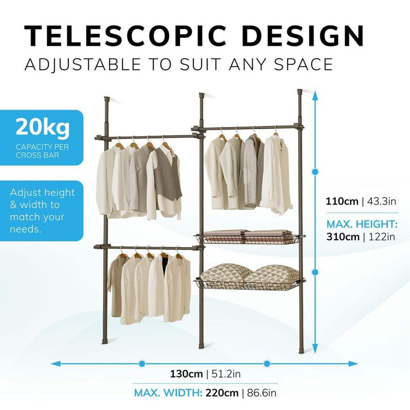 Double Black With Baskets Telescopic Wardrobe Organiser Hanging Rail Clothes Rack Adjustable Storage Shelving