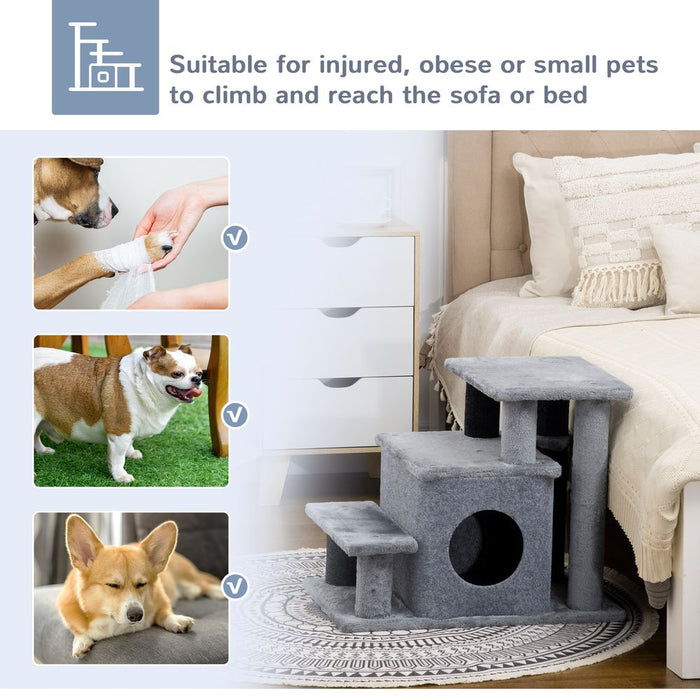 PawHut Dog Steps for Bed 4 Step Pet Stairs Cat House with Detachable Cover, Cat ladder for Sofa w/Hanging Balls - Grey