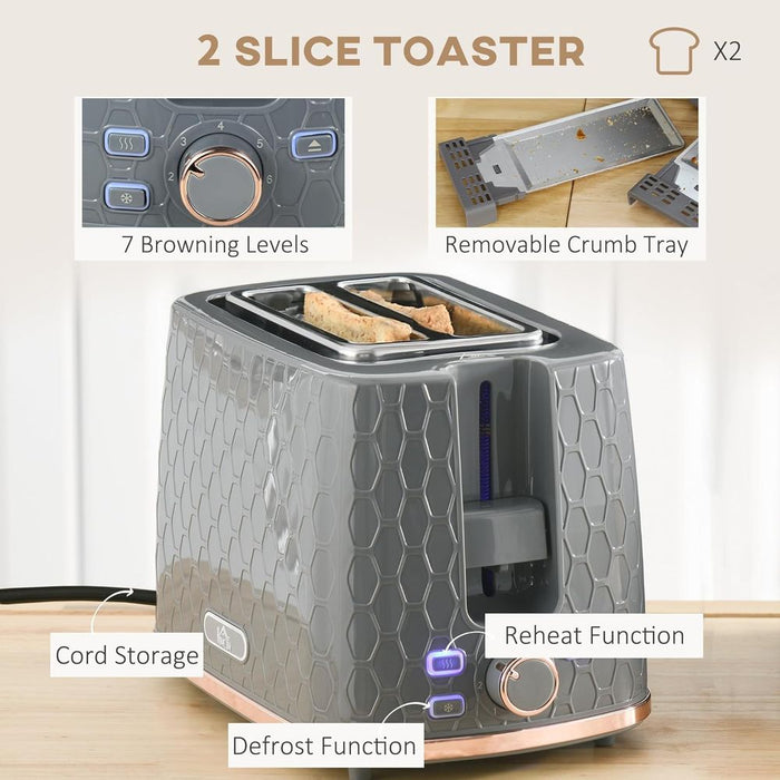 HOMCOM Kettle and Toaster Set 1.7L Fast Boil Kettle & 2 Slice Toaster Set Grey