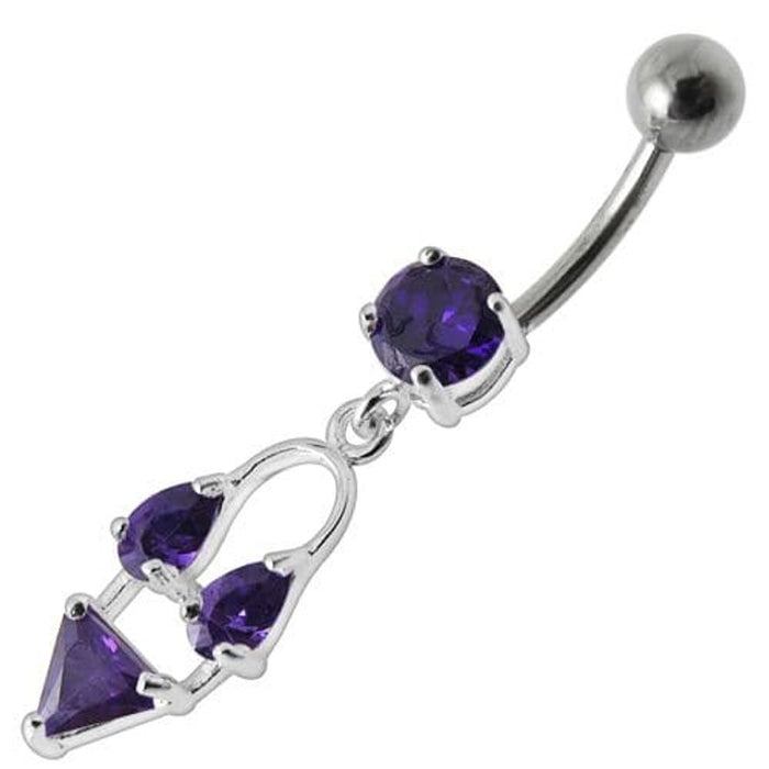 Silver Fancy Double Stone Jeweled Dangling Navel Ring