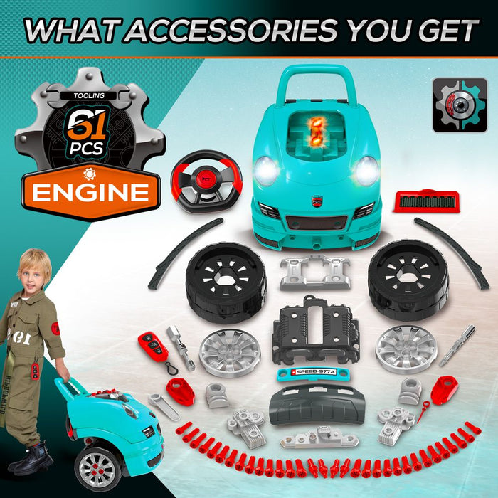 Kids Truck Engine Toy Set - Horn, Lights, Car Key - Age 3-5 Years - Teal Green