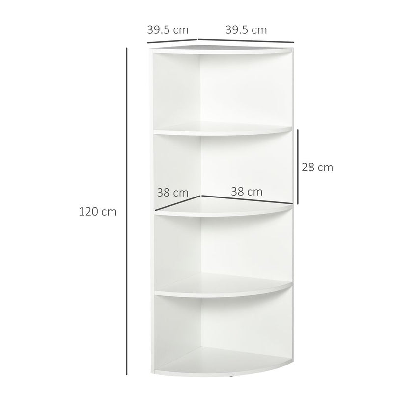 4-Tier Bookshelf, 120H cm-White: Corner Storage Solution with Spacious Shelves for Books, Photos, Plants & More