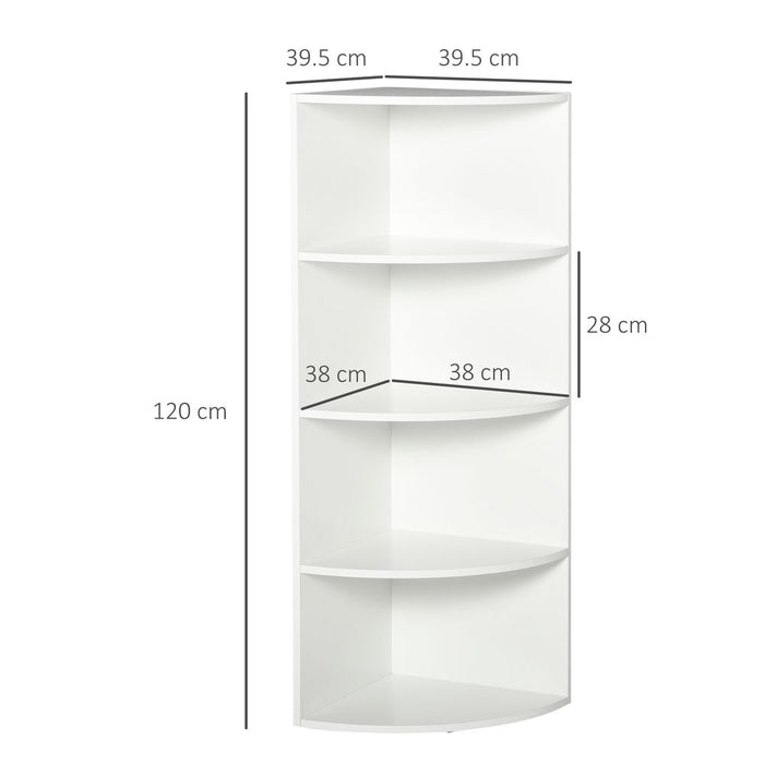 4-Tier Bookshelf, 120H cm-White: Corner Storage Solution with Spacious Shelves for Books, Photos, Plants & More