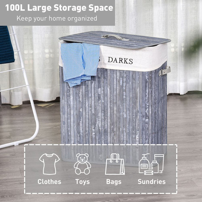 Bamboo Laundry Hamper Removable Lining Large Section Double