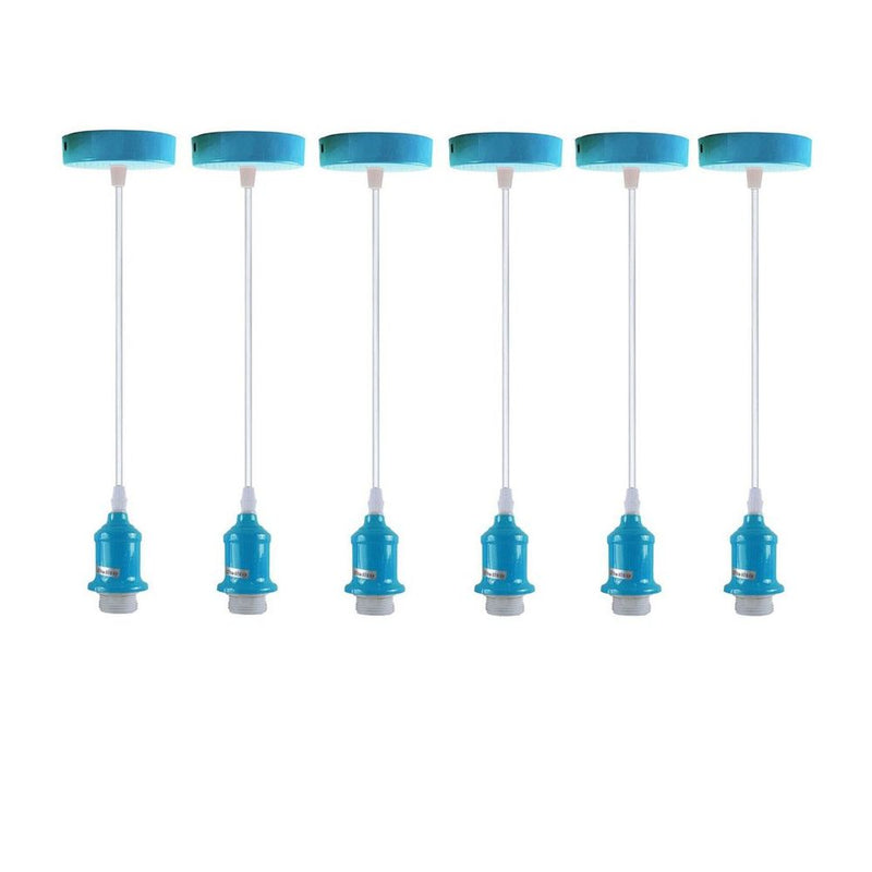 6 Pack Industrial Pendant Light Fitting, Lampshade Addable E27 Lamp Blue Holder Fitting Set With PVC Cable