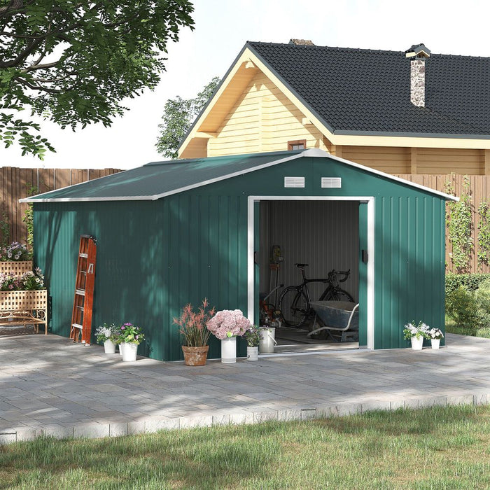 Durable Green Metal Storage Shed with Vent & Doors - 13ft x 11ft