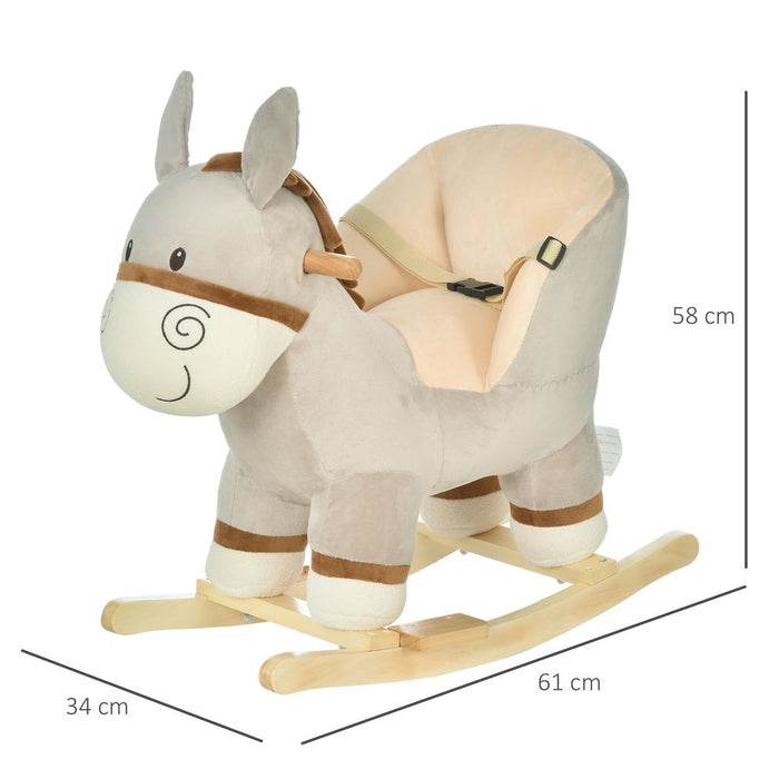 HOMCOM Kids Children Rocking Horse Plush Ride On Donkey Seat w/Sound Wood Base Seat Safety Belt Toddler Baby Toy Rocker Grey 18-36 Months