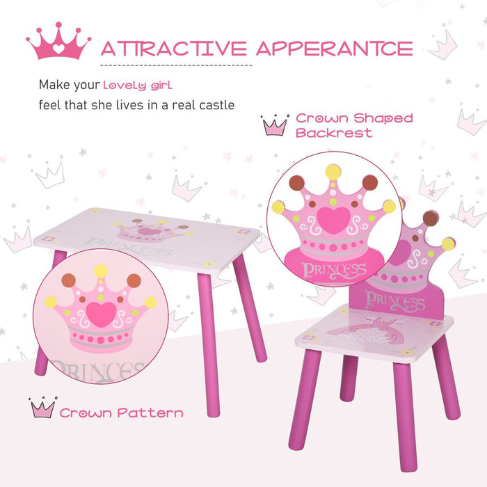 Princess Crown Chair Table Set 2-4 Yrs Pink HOMCOM: Kids Home Furniture 3 Pcs