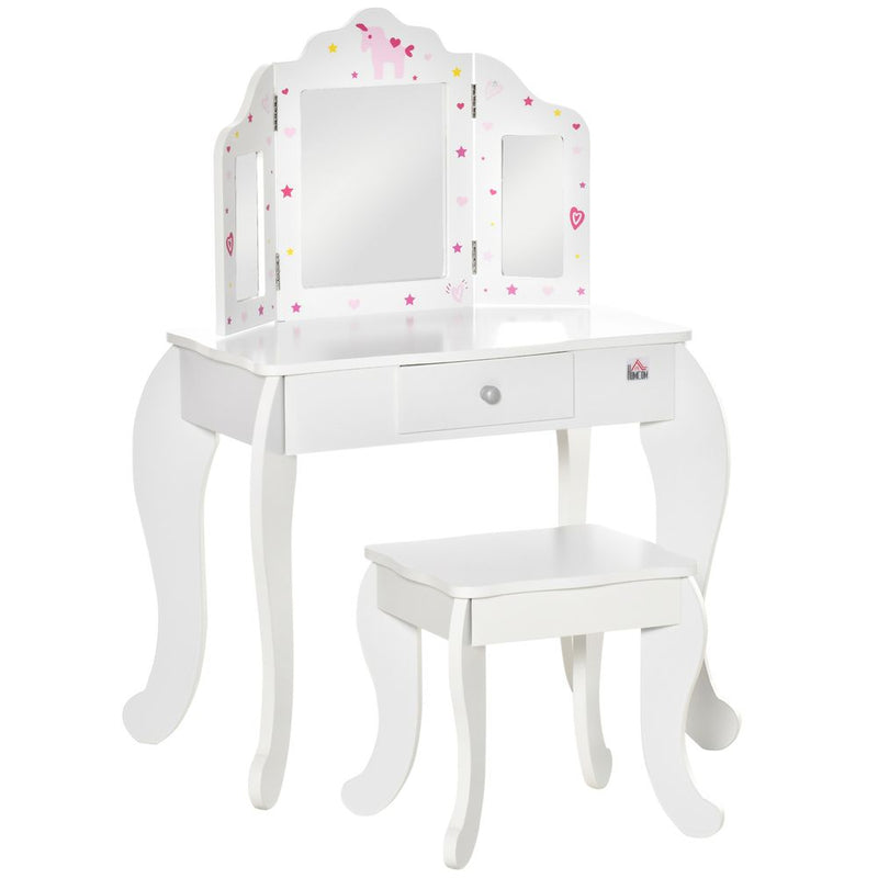 HOMCOM Kids Vanity Table & Stool Girls Dressing Set Make Up Desk Chair Dresser Play Set with Rotatable Mirrors Drawer Star & Heart Pattern White E