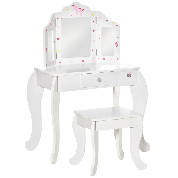 HOMCOM Kids Vanity Table & Stool Girls Dressing Set Make Up Desk Chair Dresser Play Set with Rotatable Mirrors Drawer Star & Heart Pattern White E