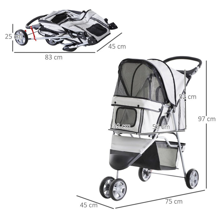 PawHut Pet Stroller for Small Dogs Cats Foldable Travel Carriage with Wheels Zipper Entry Cup Holder Storage Basket Grey