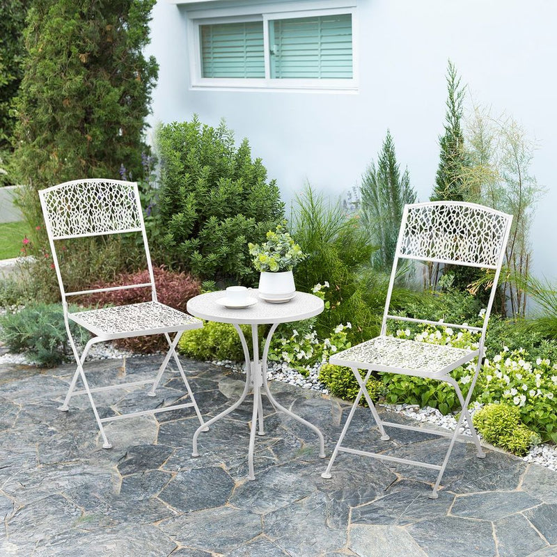 Garden Bistro Set for 2 with Folding Chairs and Round Table, White