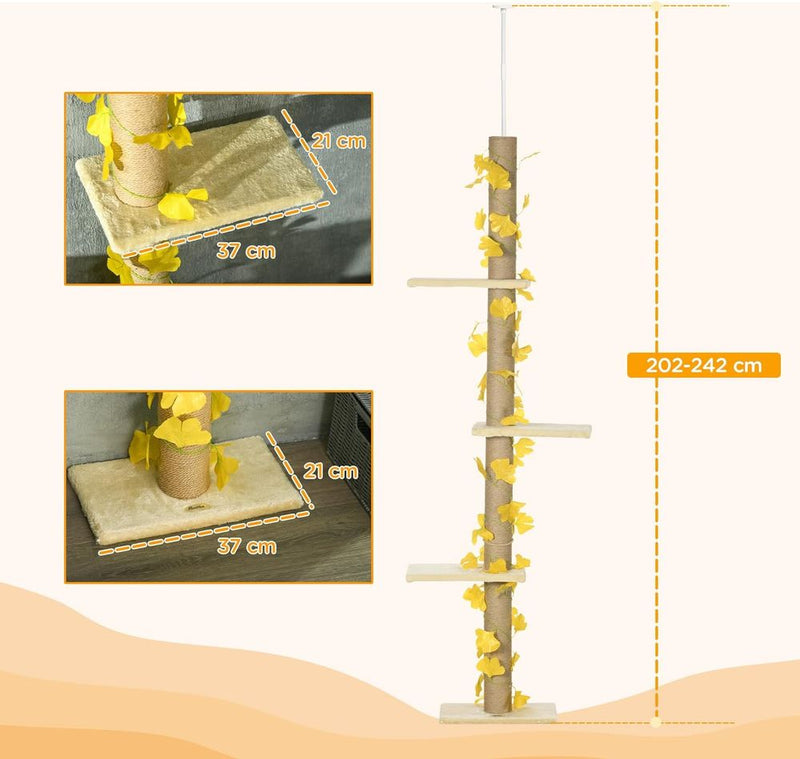Adjustable 242cm Floor-To-Ceiling Cat Tree - Anti-Slip - Yellow