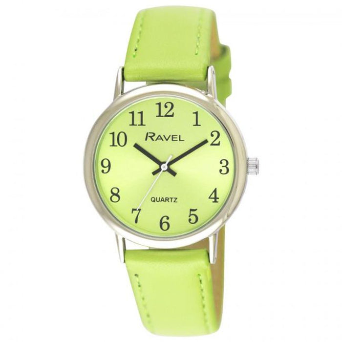 Ladies Classic Brights Watch: Lime Green Dial, Leather Strap, Silver Case