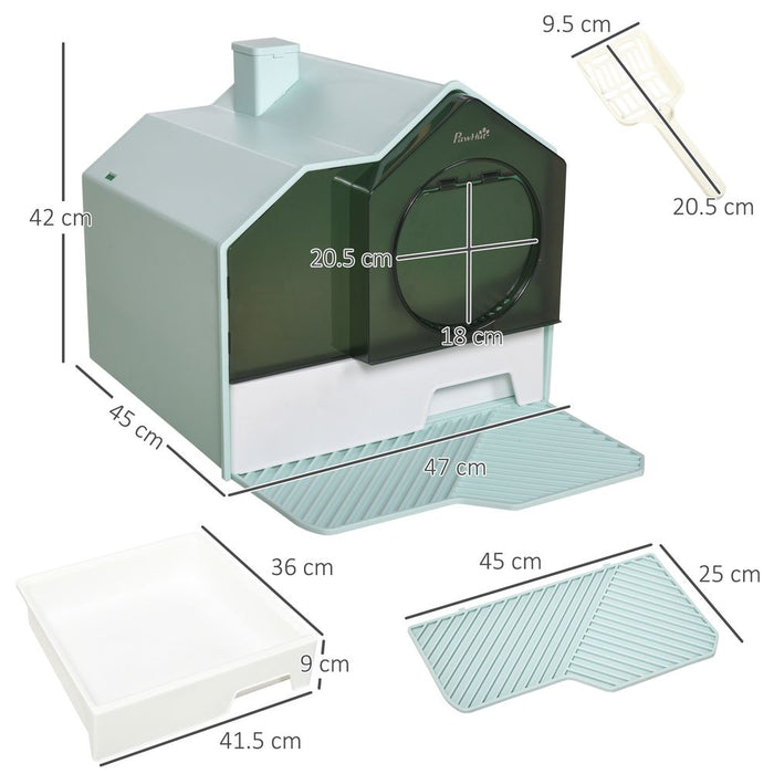 PawHut Hooded Cat Litter Tray: Scoop, Drawer, Handle, Deodorants - Light Blue