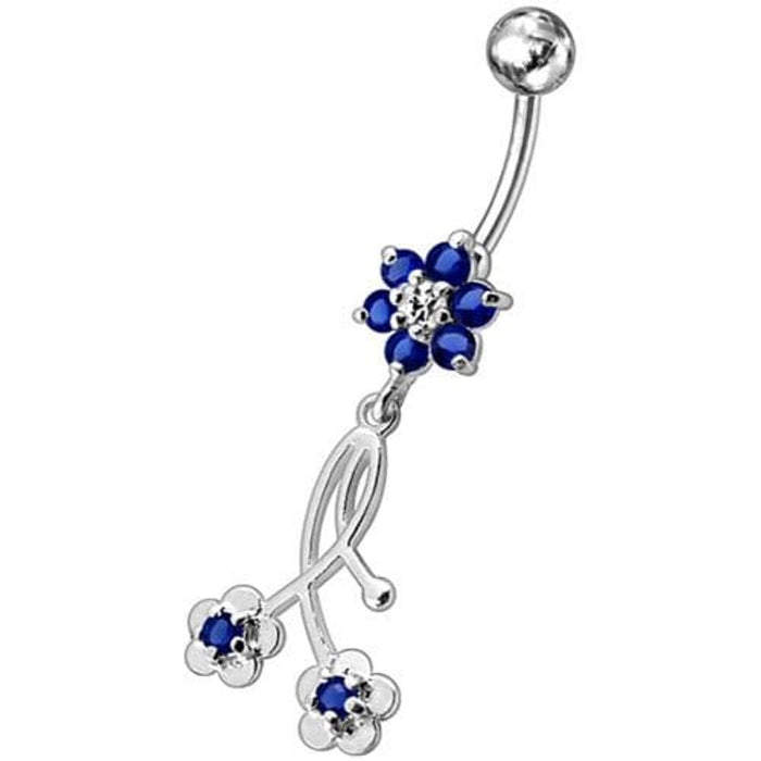 Fancy Long Flower With 2 Small Flower Jeweled Dangling Navel Ring