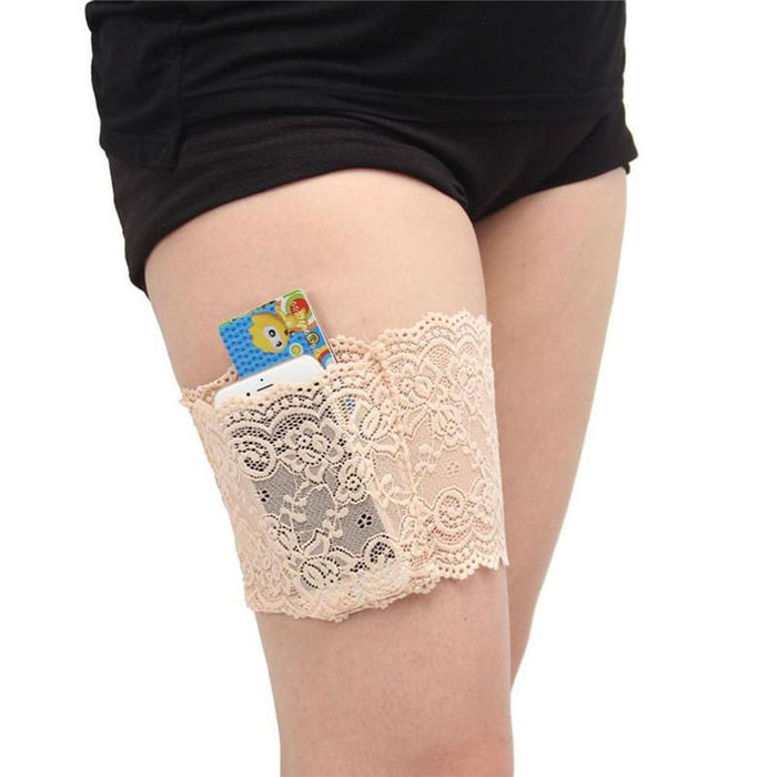 Premium Lace Thigh Band w/ Anti-Slip Cellphone Pocket - XL Nude. Anti-Chafing, Fashion Accessory, Protects Thighs. 90% Nylon, 10% Elastane