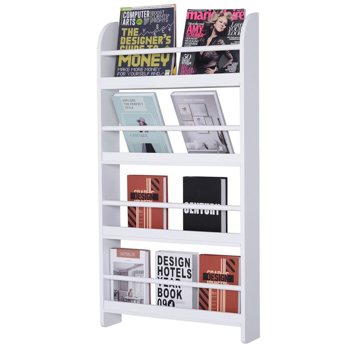 Premium MDF Wall-Mounted Magazine Shelf Rack - 4 Tiers - White