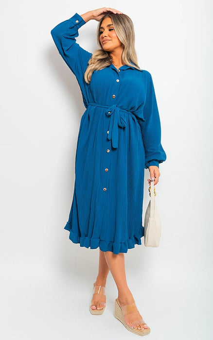 Freya Pleated Frill Button Tie Waist Midi Dress