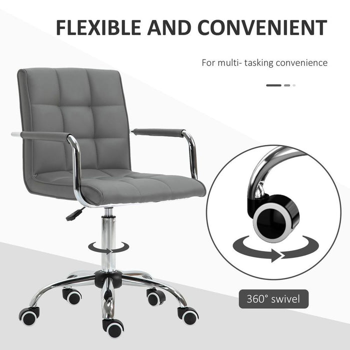 Comfortable Mid Back Swivel Home Office Chair - Grey PU Leather, Arm & Wheel - High Quality