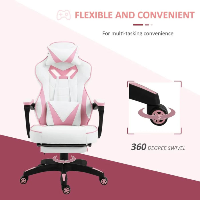 Ergonomic Gaming Chair w/ Footrest & Wheels | Stylish Office | Pink