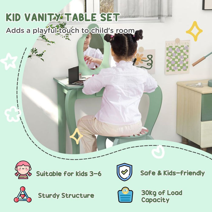 ZONEKIZ Kids Dressing Table with Mirror Stool Drawer Cute Animal Design Green