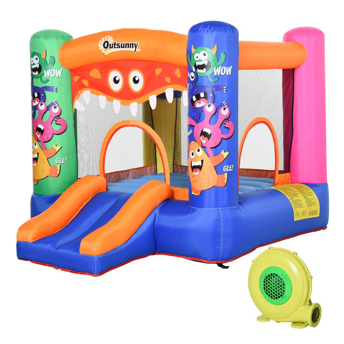 Outsunny 3-in-1 Kids Bouncy Castle with Slide Trampoline Basket, Inflatable Bounce House with Blower for Kids Age 3-8 Monster Design 2.5 x 1.8 x 1.75m